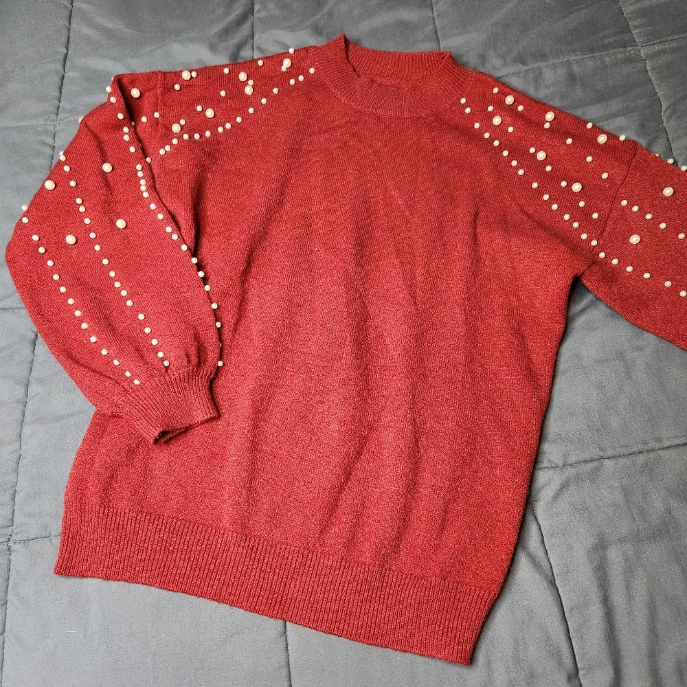 💐 Red Pearl Accent Fashion Sweater